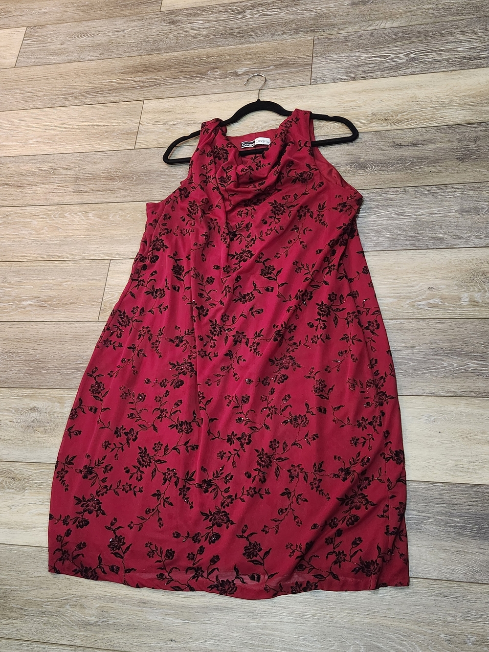 California Concepts Sleeveless Burgund Wine Floral Midi Dress with Cowl Neckline